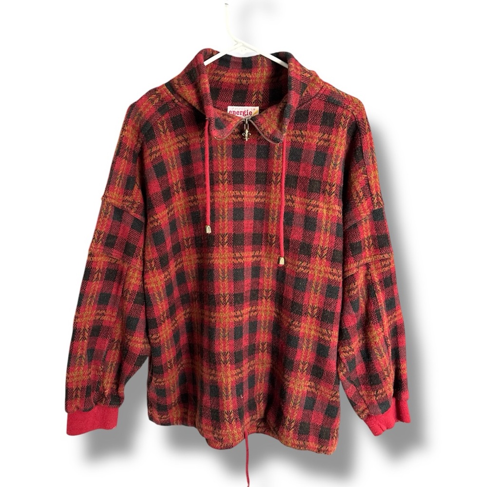 Y2K Vintage Energie Red Black & Yellow Plaid Quarter Zip Sweater
